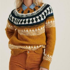NWT Lucky Brand Bold Fairisle Mustard Yellow Blue Green Cream Sweater